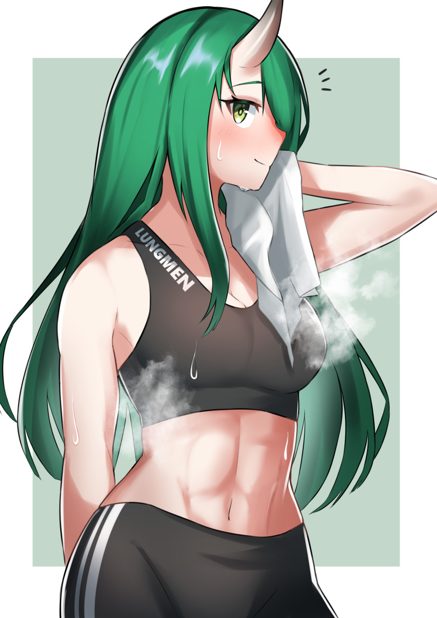 1girl, abs, absurdres, arknights, bare_arms, bare_shoulders, blush, breasts, cleavage, crop_top, green_eyes, green_hair, highres, horns, hoshiguma_(arknights), k@bu, long_hair, looking_at_viewer, medium_breasts, midriff, navel, single_horn, smile, solo, sports_bra, steam, stomach, towel, upper_body