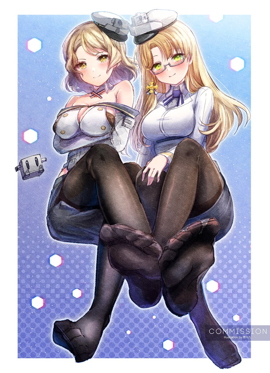 2girls, black_legwear, black_skirt, blonde_hair, breasts, brown_eyes, commentary_request, commission