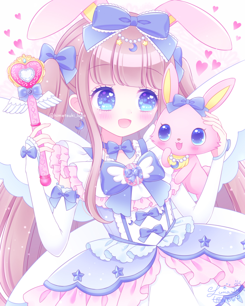 1girl, :d, animal_ears, blue_bow, blue_dress, blue_eyes, blush, bow