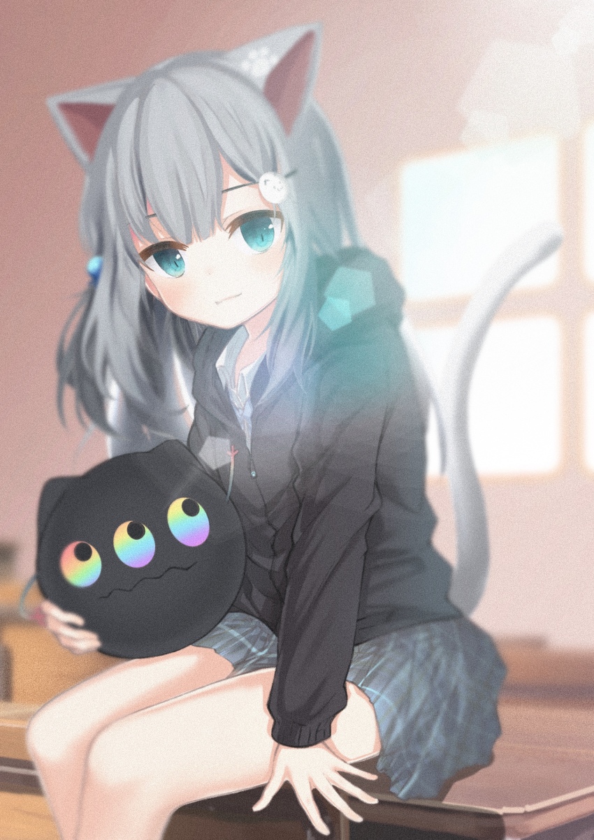 1girl, absurdres, animal_ears, black_jacket, blue_eyes, blush, borrowed_character, cat_ears