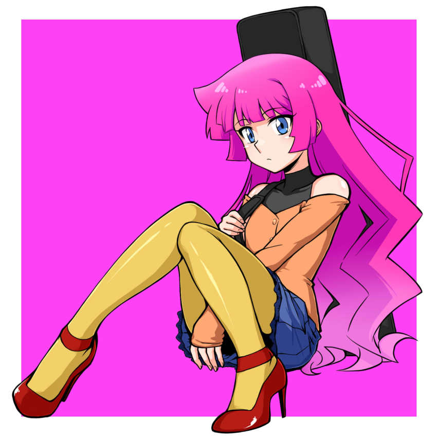 1girl, between_legs, blue_eyes, blue_skirt, blunt_bangs, border, closed_mouth, collarbone