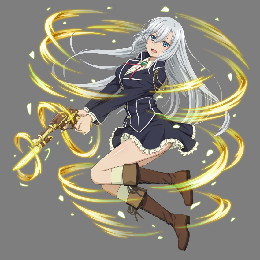 10s, 1girl, alpha_transparency, blue_eyes, blue_skirt, boots, brown_boots, dungeon_ni_deai_wo_motomeru_no_wa_machigatteiru_darou_ka