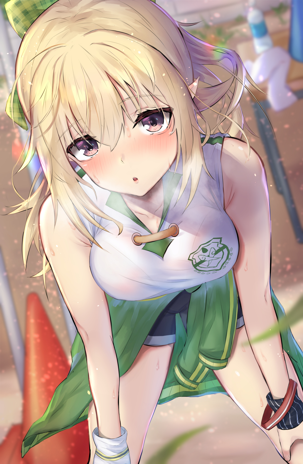 1girl, :o, bare_shoulders, blonde_hair, blush, bottle, bracelet, breasts
