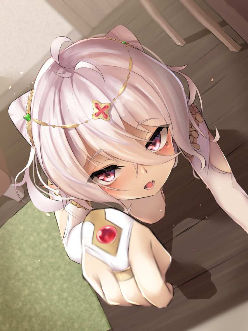 1girl, :o, ahoge, animal_ears, antenna_hair, blush, bridal_gauntlets, circlet