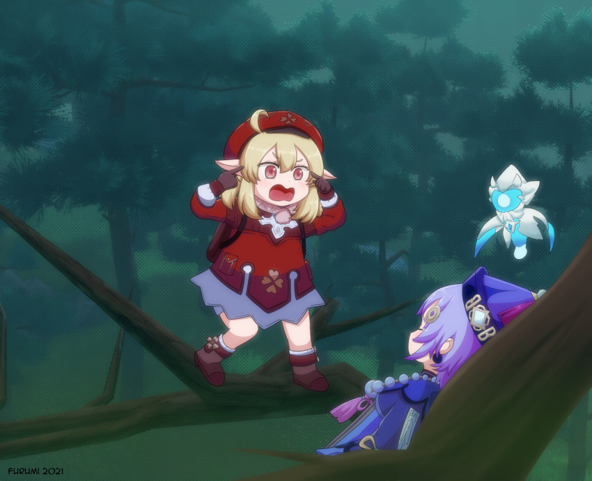 2girls, ahoge, amulet, backpack, bag, bead_necklace, beads, bloomers, boots, branch, brown_eyes, brown_footwear, brown_gloves, brown_scarf, newsboy_cap, clover_print, coin_hair_ornament, commentary, endora_(genshin_impact), english_commentary, finger_to_head, genshin_impact, gloves, hair_ornament, hat, highres, invincible_(series), jewelry, jiangshi, keita_naruzawa, klee_(genshin_impact), light_brown_hair, low_twintails, lying, meme, multiple_girls, necklace, ofuda, on_back, pointing, pointing_at_self, pointy_ears, purple_hair, qingdai_guanmao, qiqi_(genshin_impact), randoseru, scarf, thigh_boots, thighhighs, think_mark_think!_(meme), tree, twintails, underwear, vision_(genshin_impact)