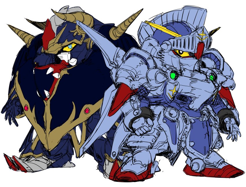 absurdres, black_eyes, clenched_hand, colored_sclera, gundam, highres, horns, knight_gundam