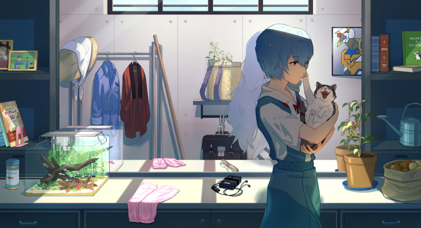 1girl, absurdres, animal, aquarium, ayanami_rei, blue_hair, blue_skirt, book