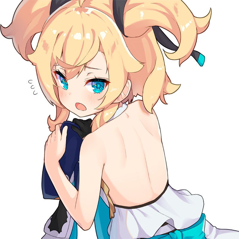 1girl, aqua_eyes, back, back_focus, bare_shoulders, blonde_hair, blush, celtie_(world_flipper), commentary, dressing, from_behind, hair_ornament, hair_ribbon, halterneck, looking_at_viewer, looking_back, open_mouth, pensuke, ribbon, short_hair, short_twintails, simple_background, solo, twintails, white_background, world_flipper