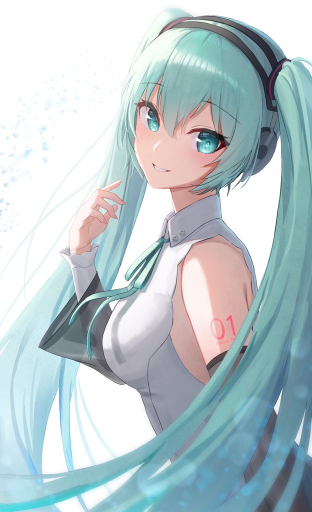 1girl, aqua_eyes, aqua_hair, aqua_ribbon, bare_shoulders, black_sleeves, blouse, commentary