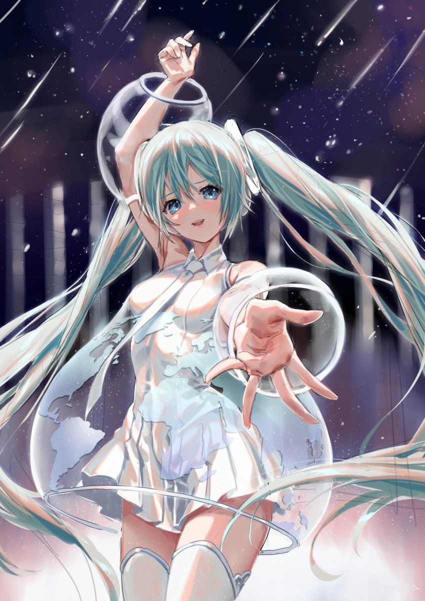 1girl, absurdres, aqua_eyes, aqua_hair, arm_up, bare_shoulders, breasts, bubble_skirt, commentary, cowboy_shot, detached_sleeves, dress, hair_ornament, hatsune_miku, hatsune_miku_expo, highres, long_hair, looking_at_viewer, map_print, necktie, night, oohhya, outstretched_arm, pleated_dress, reaching, reaching_towards_viewer, shirt, shooting_star, shoulder_tattoo, silver_dress, silver_legwear, silver_neckwear, silver_sleeves, skirt, sky, sleeveless, sleeveless_dress, sleeveless_shirt, small_breasts, solo, standing, star_(sky), star_(symbol), starry_sky_background, tattoo, thighhighs, twintails, very_long_hair, vocaloid, zettai_ryouiki
