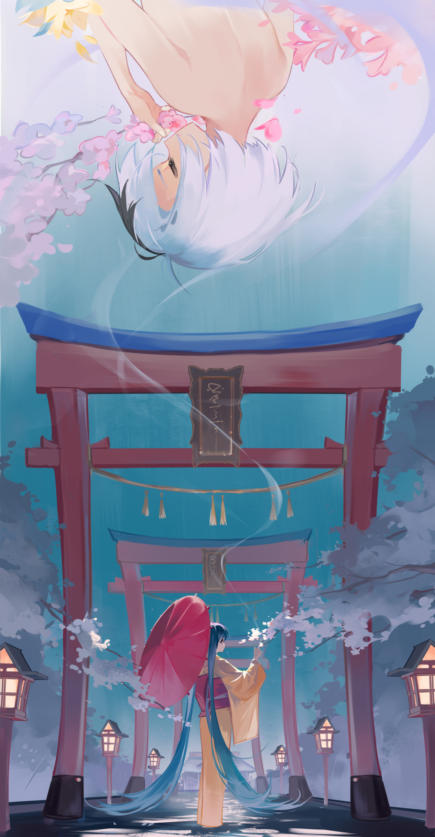 2girls, absurdres, acr_(dash), aqua_eyes, aqua_hair, architecture, black_hair, cherry_blossoms