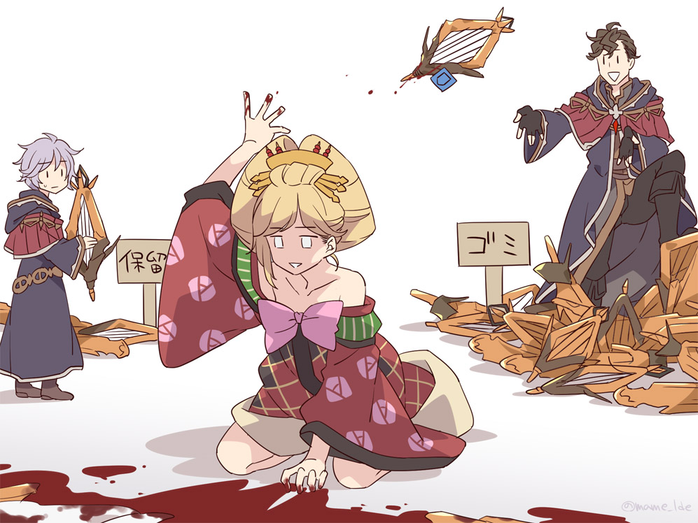 1girl, 2boys, bandit_tycoon_(granblue_fantasy), bare_shoulders, blonde_hair, blood, blood_on_hands, brown_hair