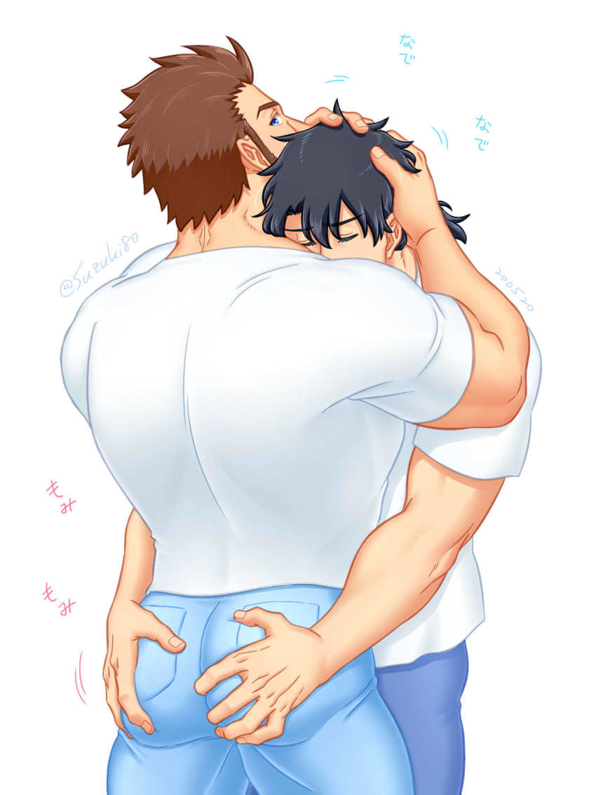 2boys, alternate_costume, ass_grab, bara, black_hair, blue_eyes, brown_hair, casual, denim, facial_hair, fate/grand_order, fate_(series), fujimaru_ritsuka_(male), goatee, hand_on_another's_head, highres, hug, jeans, long_sideburns, male_focus, mature_male, motion_lines, multiple_boys, muscular, muscular_male, napoleon_bonaparte_(fate), pants, shirt, short_hair, sideburns, suzuki80, white_pants, white_shirt, yaoi
