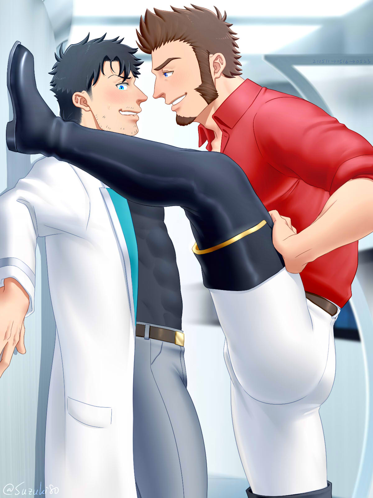 2boys, ass, bara, black_hair, blue_eyes, blush, boots, brown_hair