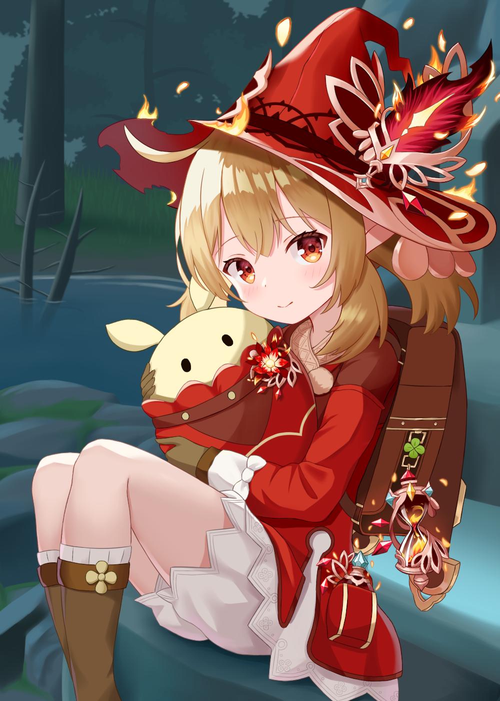 1girl, ahoge, alternate_headwear, artifact_(genshin_impact), backpack, bag, bloomers, brown_gloves