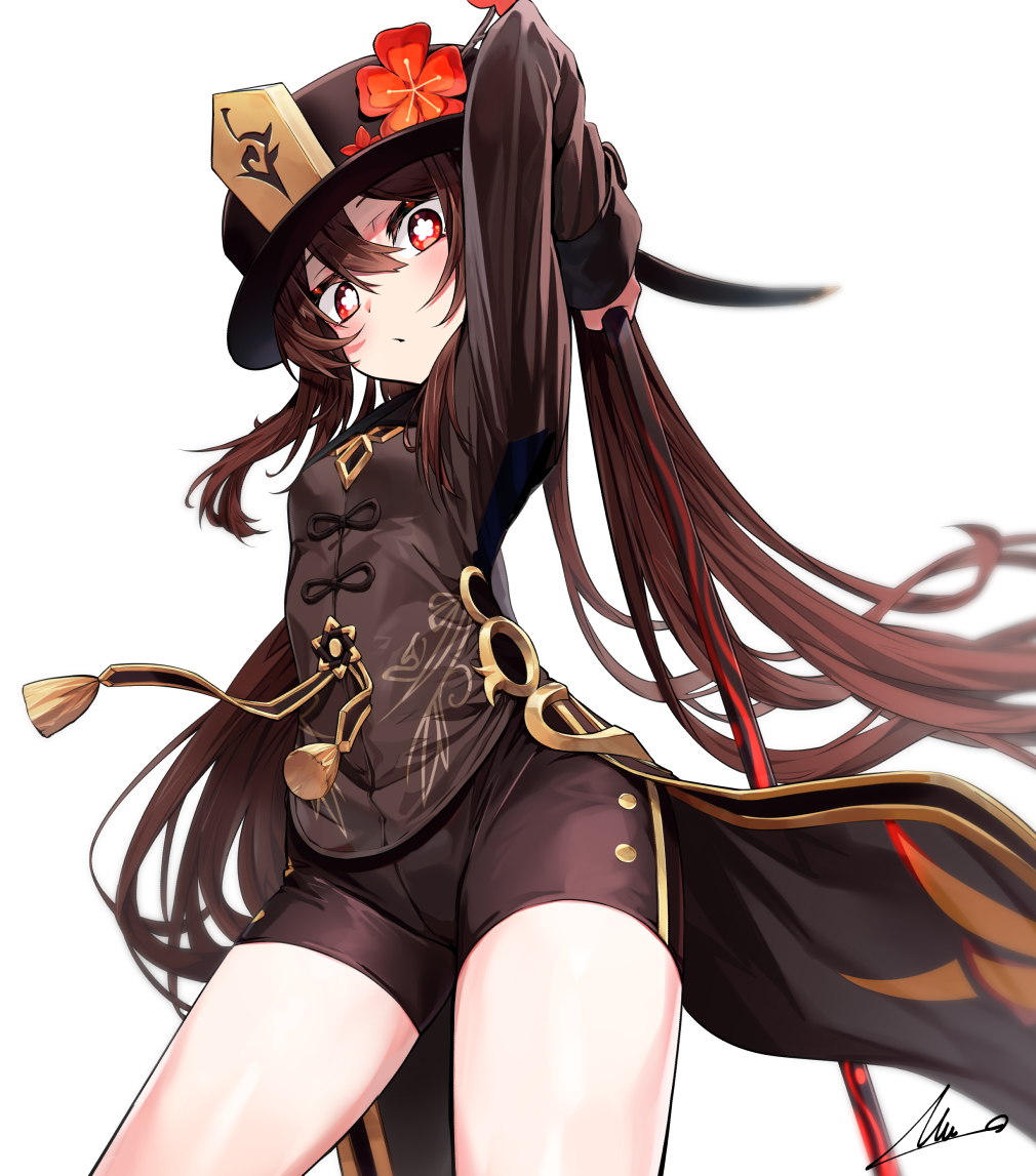 1girl, arm_up, brown_hair, cowboy_shot, flower, genshin_impact, hat, hu_tao_(genshin_impact)