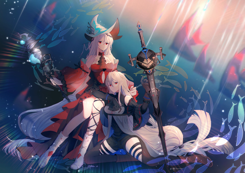 2girls, absurdly_long_hair, absurdres, arknights, bare_legs, bare_shoulders, black_gloves, black_pants