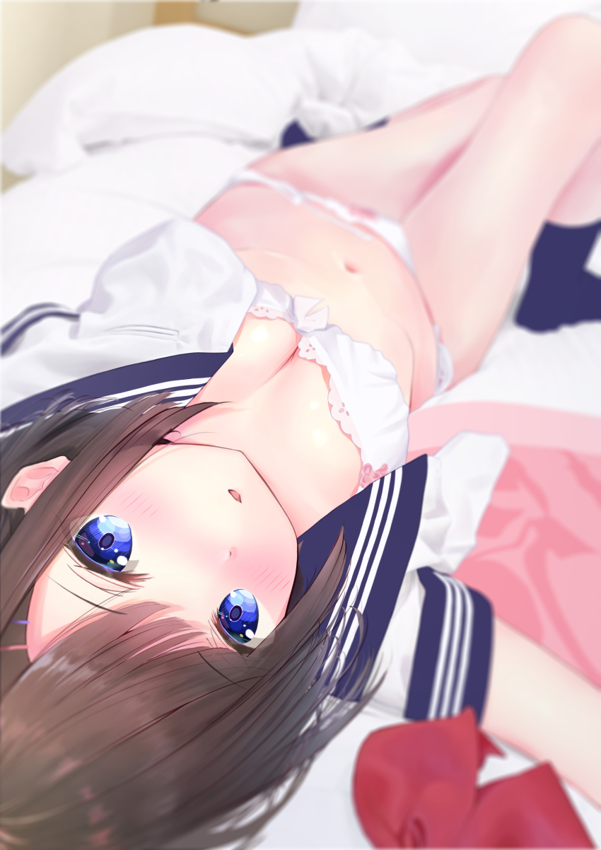 1girl, absurdres, arisugawa_riu, bed, bed_sheet, black_socks, blue_eyes, blue_sky