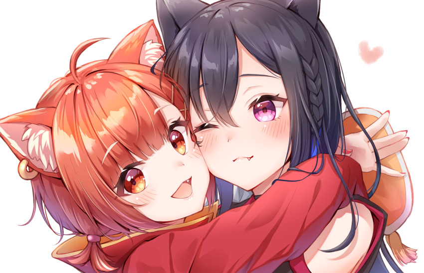 2girls, animal_ears, bare_shoulders, black_hair, blush, couple, dress, hand_on_another's_shoulder