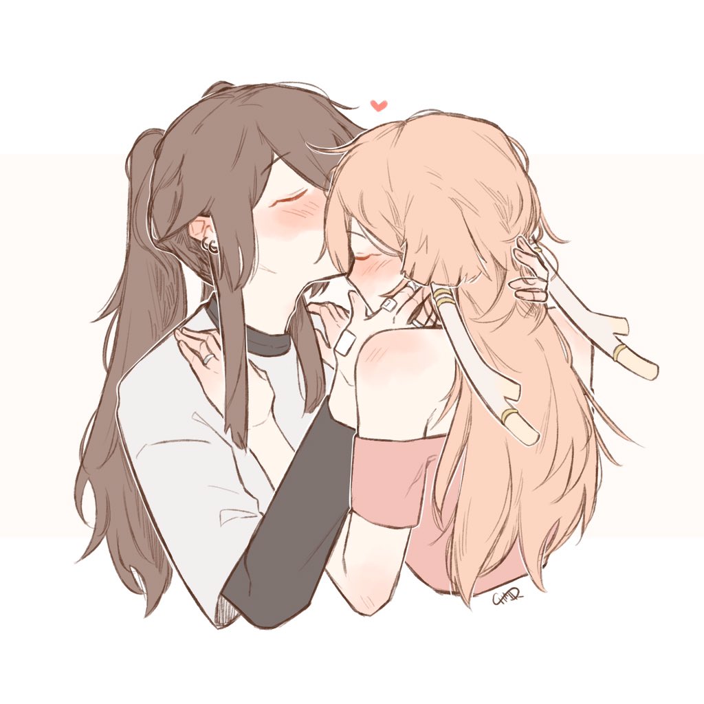 2girls, antlers, blush, brown_hair, chair_bun, closed_eyes, commentary, ear_blush, ear_piercing, english_commentary, genshin_impact, hands_on_another's_shoulders, heart, horns, hu_tao_(genshin_impact), kiss, kissing_forehead, long_hair, multiple_girls, orange_hair, piercing, yanfei_(genshin_impact), yuri