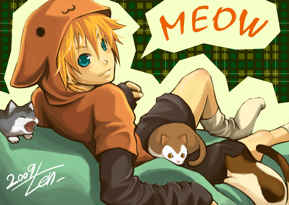 00s, 1boy, 2009, :3, animal, animal_costume, animal_ears, animal_on_lap, aqua_eyes, bad_id, bad_pixiv_id, blonde_hair, cat, cat_costume, cat_ears, english_text, hood, hoodie, kagamine_len, looking_back, male_focus, nyaashan, on_lap, reclining, siblings, sitting, sitting_on_lap, sitting_on_person, smile, solo, vocaloid, yu-ya