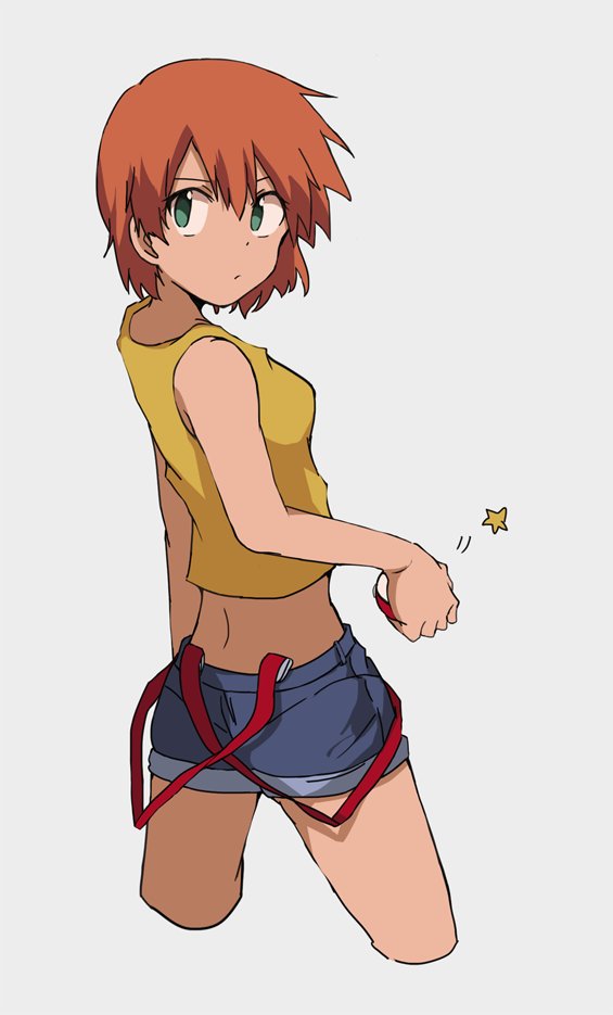 1girl, alternate_hairstyle, asymmetrical_hair, breasts, closed_mouth, denim, denim_shorts, eyelashes, green_eyes, hair_between_eyes, hair_down, hair_tie, mamemtegun, misty_(pokemon), navel, nintendo, orange_hair, pokemon, pokemon_(anime), pokemon_(classic_anime), ponytail, shirt, short_hair, shorts, side_ponytail, spread_legs, suspenders, suspenders_removed, tank_top, yellow_shirt, yellow_tank_top