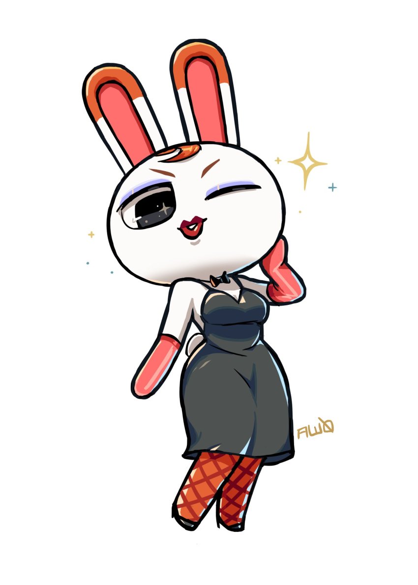 1girl, animal_crossing, aw0, brown_hair, rabbit, chibi, dress, elbow_gloves