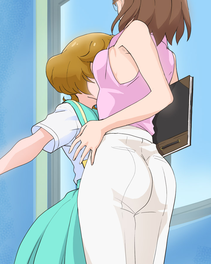 2girls, aozora_middle_school_uniform, ass, breasts, brown_hair, glasses, haruyama_kazunori, ichinose_minori, medium_breasts, multiple_girls, pants, pink_shirt, precure, sakuragawa_saki, school_uniform, shirt, short_hair, short_sleeves, sleeveless, sleeveless_shirt, tropical-rouge!_precure, white_pants