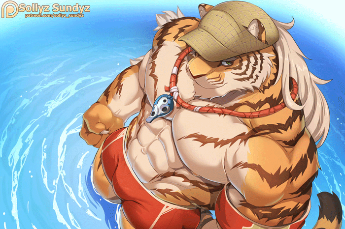 1boy, abs, alternate_costume, animal_ears, bara, bare_pectorals, baseball_cap, beach, blinking, bouncing_pecs, bulge, from_above, furry, furry_male, hat, huge_filesize, large_pectorals, lifeguard, long_hair, male_focus, male_swimwear, muscular, muscular_male, navel, nipples, paid_reward_available, pang_(sdorica), partially_submerged, pectorals, red_male_swimwear, sdorica, smile, sollyz, solo, stomach, swim_briefs, tail, tiger_boy, tiger_ears, tiger_tail, topless_male, whistle, whistle_around_neck