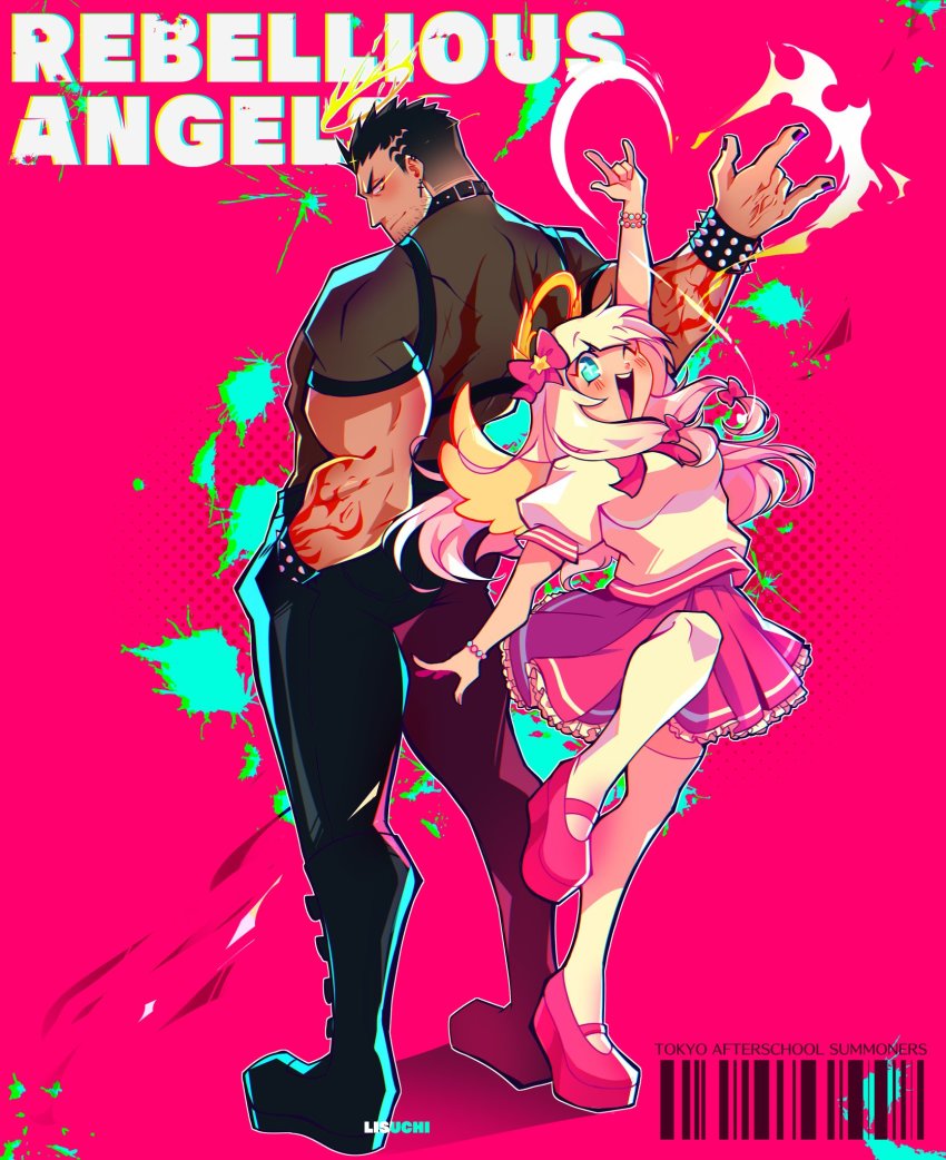 1boy, 1girl, alternate_costume, black_bodysuit, black_shirt, bodysuit, breasts, chest_harness, facial_hair, full_body, gabriel_(housamo), grin, halo, hand_gesture, harness, highres, large_pectorals, lisuchi, long_hair, mature_male, medium_breasts, muscular, muscular_male, pectorals, shirt, short_hair, sideburns, smile, stubble, tight_clothes, tight_shirt, tokyo_houkago_summoners, zabaniyya_(housamo)