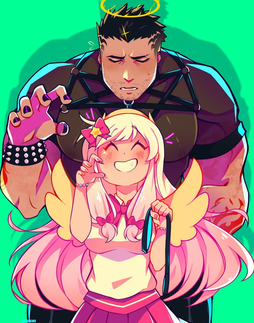 1boy, 1girl, alternate_costume, black_bodysuit, black_shirt, blush, bodysuit, breasts