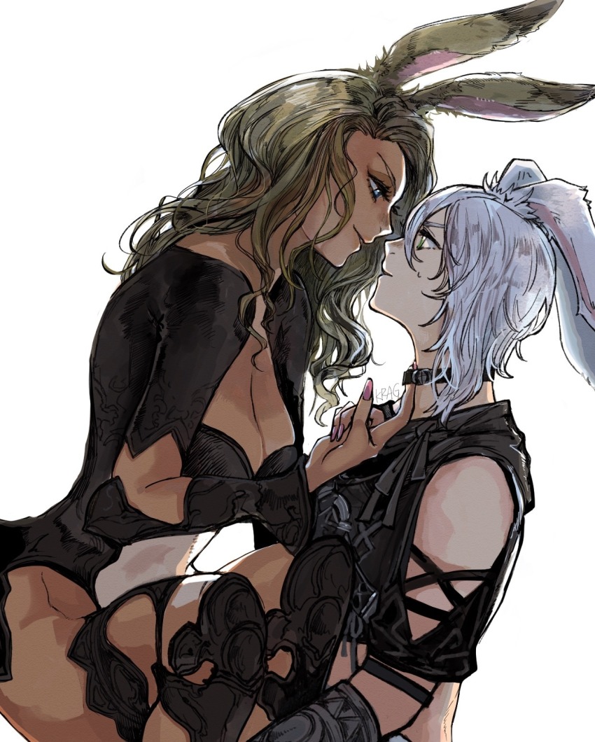 1boy, 1girl, animal_ears, assertive_female, warrior_of_light_(ff14), breasts, brown_hair, cleavage