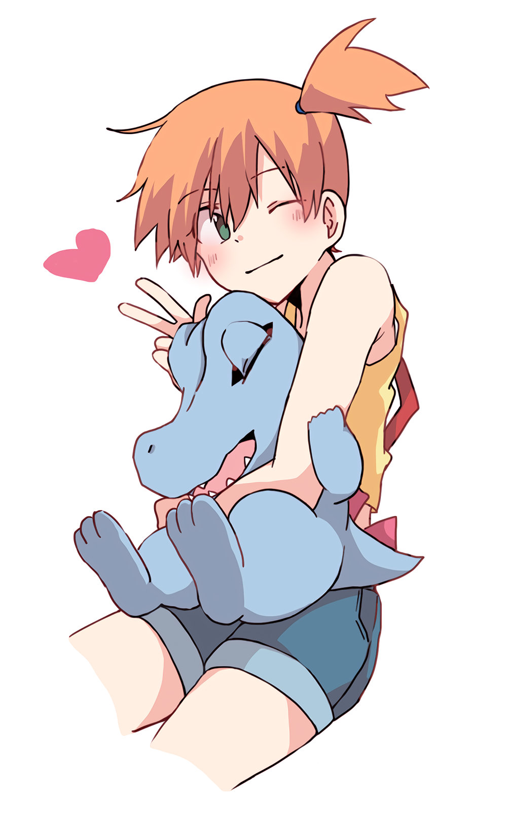 1girl, asymmetrical_hair, blush, breasts, closed_mouth, denim, denim_shorts, eyelashes