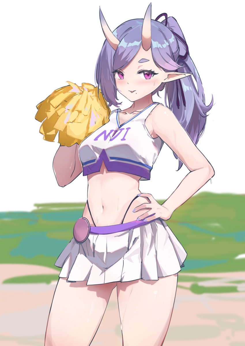1girl, :p, absurdres, ambulocetus, bare_arms, bare_shoulders, blush, breasts, cheerleader, cowboy_shot, crop_top, g-string, hair_ribbon, hand_on_own_hip, high_ponytail, highleg, highleg_panties, highres, hikimayu, horns, looking_at_viewer, lowleg, lowleg_skirt, medium_breasts, microskirt, midriff, mole, mole_under_mouth, navel, nijisanji, oni, panties, pleated_skirt, pointy_ears, pom_pom_(cheerleading), ponytail, purple_eyes, ribbon, rindou_mikoto, shirt, short_eyebrows, skin-covered_horns, skirt, solo, sweat, tank_top, thick_eyebrows, thick_thighs, thighs, thong, tongue, tongue_out, underwear, virtual_youtuber, whale_tail_(clothing), white_shirt, white_tank_top, yellow_pom_poms