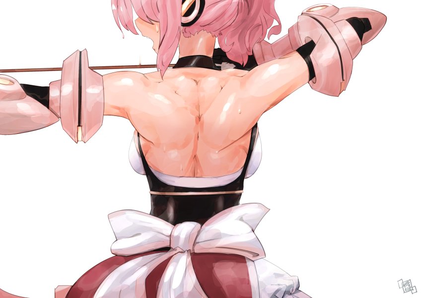 1girl, absurdres, back, back_focus, backless_outfit, bare_back, bare_shoulders, black_gloves, bow, commentary, cosmic_break, dress_bow, elbow_gloves, english_commentary, from_behind, gloves, halterneck, highres, melfi, open_mouth, pink_hair, rakostep, short_hair, solo, sweat, toned, upper_body, white_background
