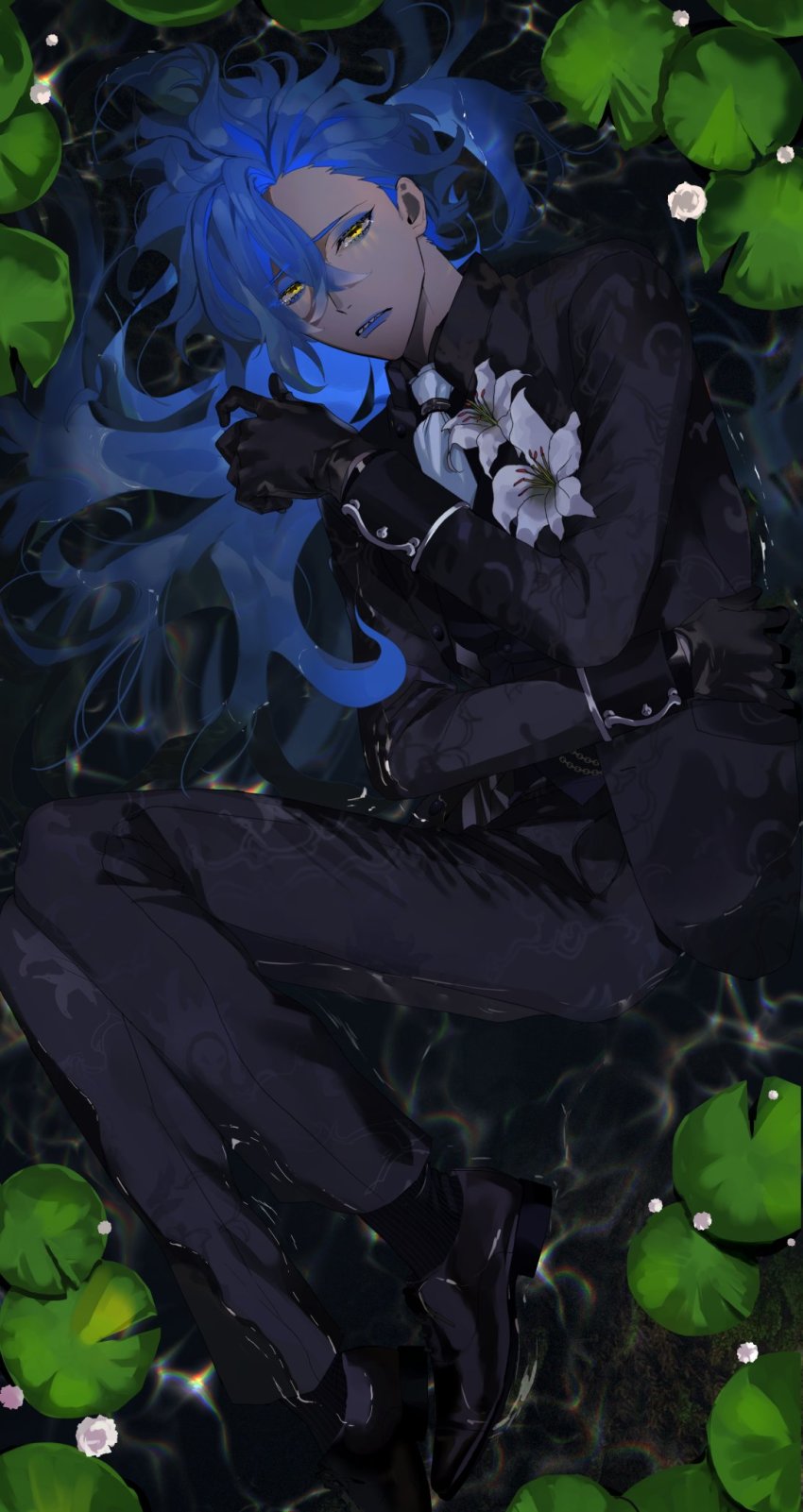 1boy, ascot, asymmetrical_bangs, black_gloves, black_jacket, black_pants, black_shirt, blue_hair