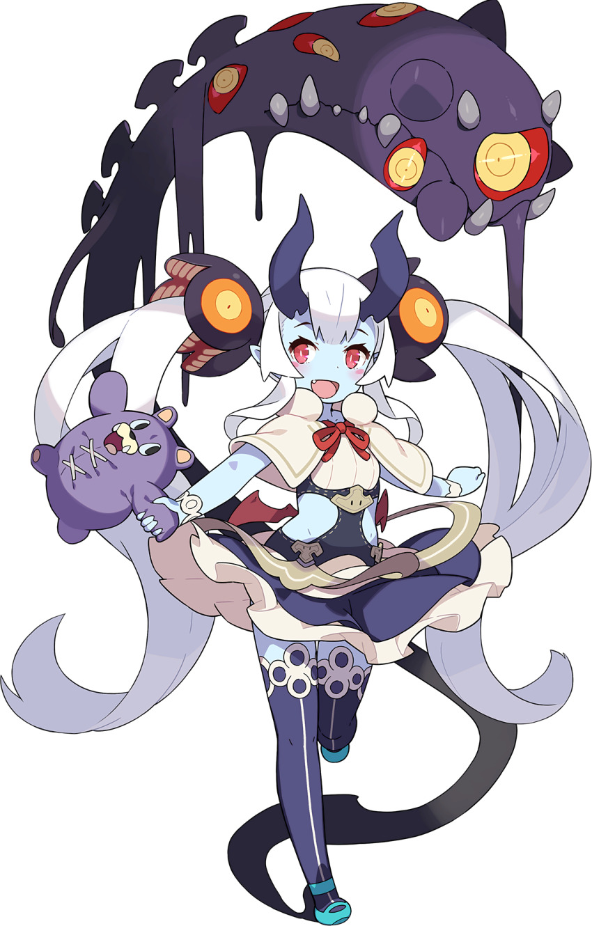 1girl, absurdly_long_hair, aqua_shoes, artist_request, arum_(world_flipper), blue_dress, blue_horns, blue_skin