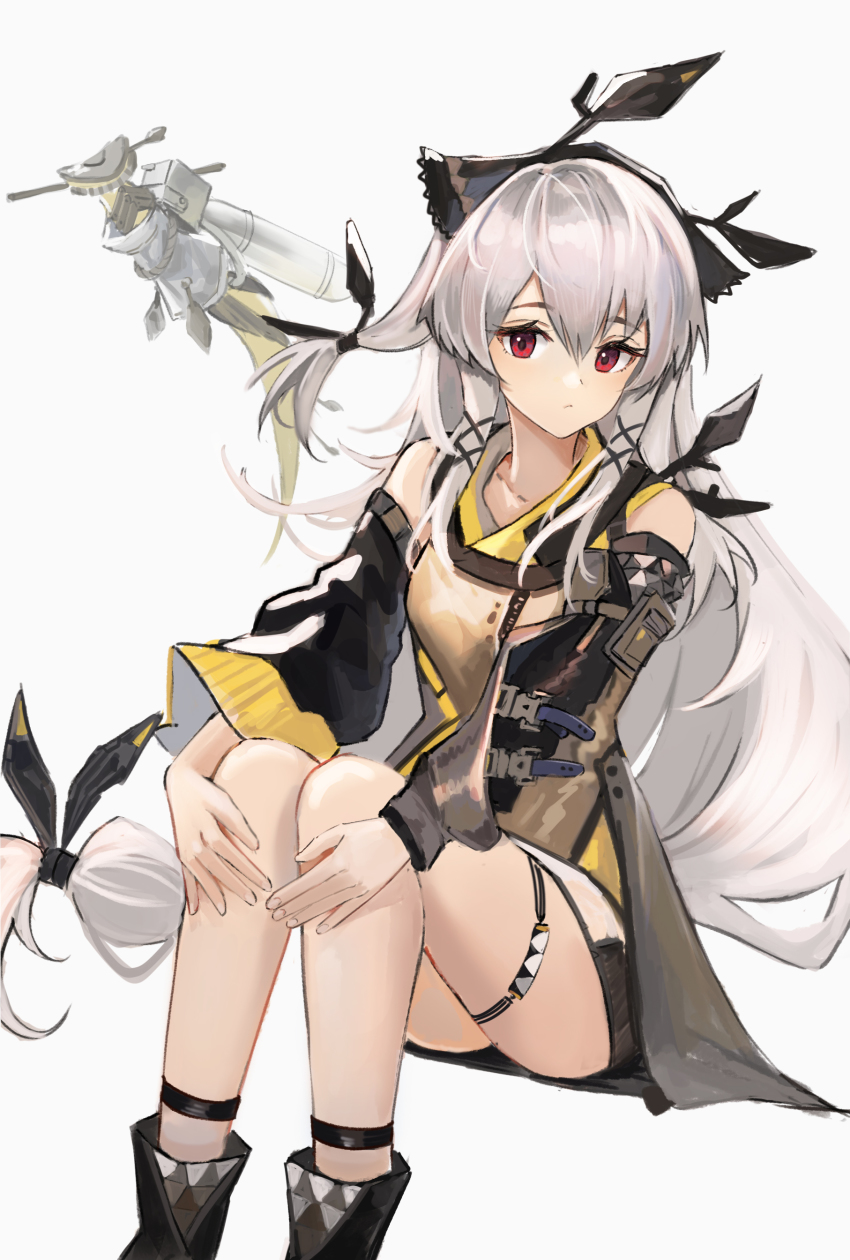1girl, absurdres, arknights, bare_legs, bare_shoulders, black_boots, boots, detached_sleeves