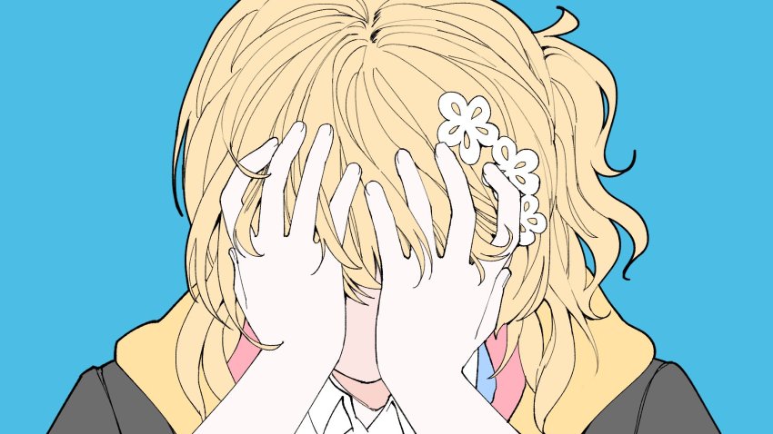 1girl, akira_ray, black_jacket, blonde_hair, blue_background, collared_shirt, face_in_hands, highres