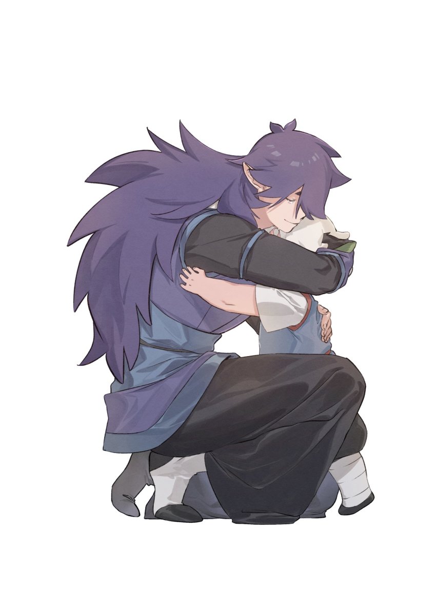 2boys, black_pants, closed_eyes, fengxi_(the_legend_of_luo_xiaohei), full_body, gihuta_hiroshi, highres, hug