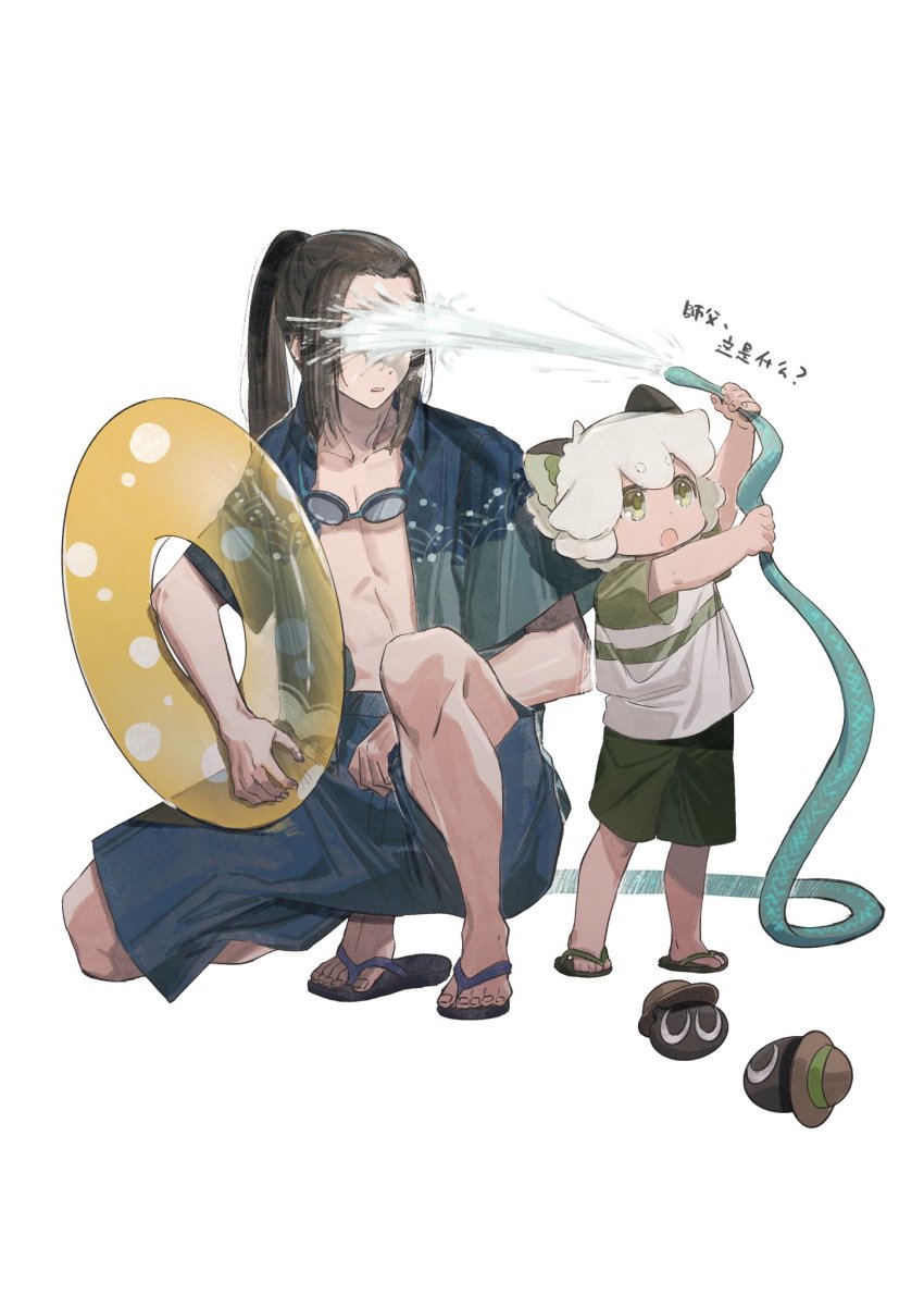 2boys, black_hair, black_shorts, blue_shorts, gihuta_hiroshi, goggles, goggles_around_neck, highres
