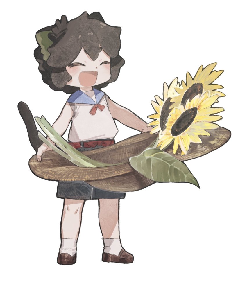 1boy, animal_ears, black_hair, black_shoes, black_shorts, cat_boy, cat_ears, closed_eyes