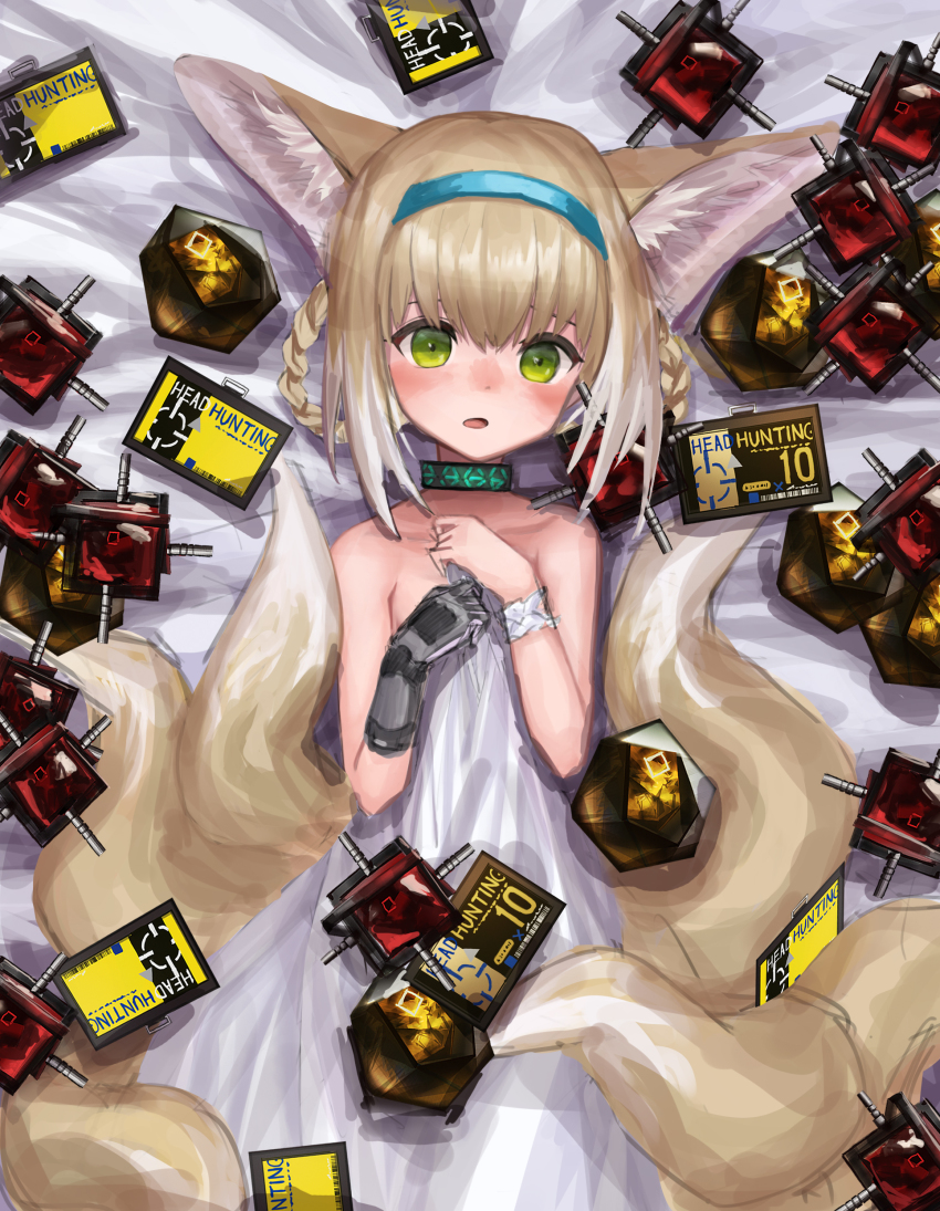 1girl, absurdres, animal_ears, arknights, bed_sheet, blonde_hair, blue_hairband, blush, braid, commentary, fox_ears, fox_girl, fox_tail, gloves, green_eyes, hairband, headhunting_permit_(arknights), highres, infection_monitor_(arknights), kitsune, kyuubi, looking_at_viewer, multiple_tails, naked_sheet, open_mouth, originium_(arknights), orundum_(arknights), short_hair, single_glove, solo, suzuran_(arknights), tail, wristband, yotokei
