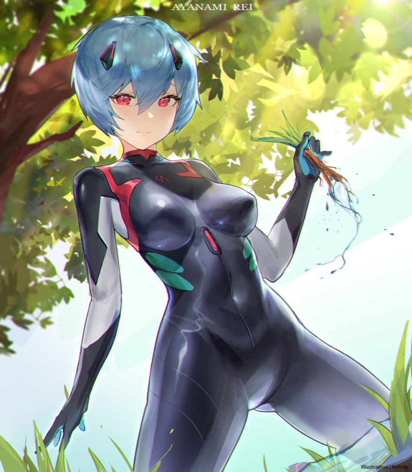 1girl, ayanami_rei, black_bodysuit, blue_hair, bodysuit, breasts, character_name, covered_erect_nipples, evangelion:_3.0+1.0_thrice_upon_a_time, eyebrows_hidden_by_hair, hair_between_eyes, hair_ornament, hairclip, highres, holding, kuhnowushi, looking_at_viewer, mecha_pilot_suit, neon_genesis_evangelion, plugsuit_(evangelion), rebuild_of_evangelion, red_eyes, seedling, short_hair, smile, solo, standing, sunlight, tree