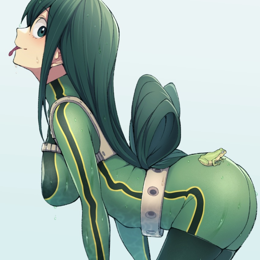 1girl, all_fours, animal, arched_back, ass, asui_tsuyu, asui_tsuyu_(hero_outfit), belt