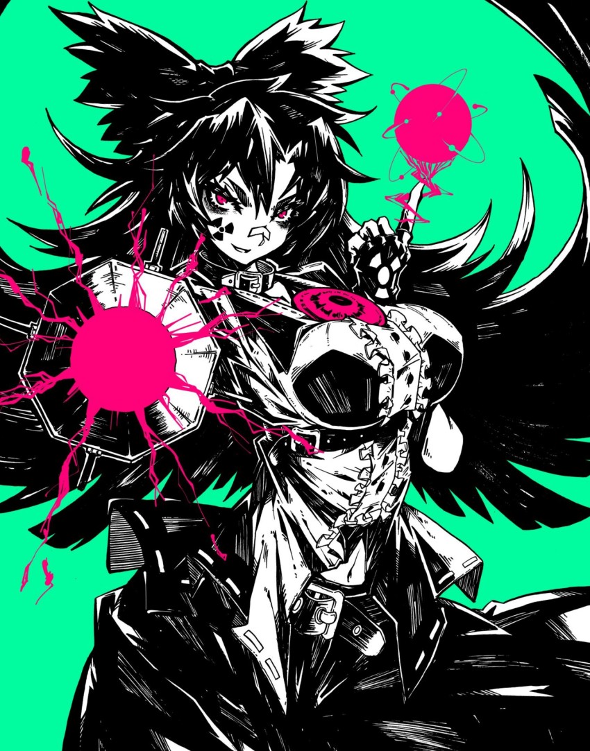 1girl, arm_cannon, bird_wings, blouse, bow, breasts, commission, fingerless_gloves