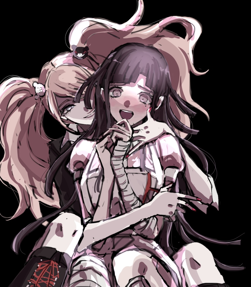 2girls, a12740807, apron, bandaged_arm, bandaged_leg, bandages, bear_hair_ornament, black_background