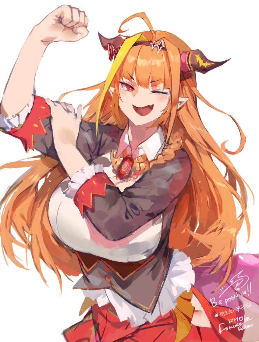 1girl, absurdres, ahoge, arm_up, black_hairband, blonde_hair, blunt_bangs, bow