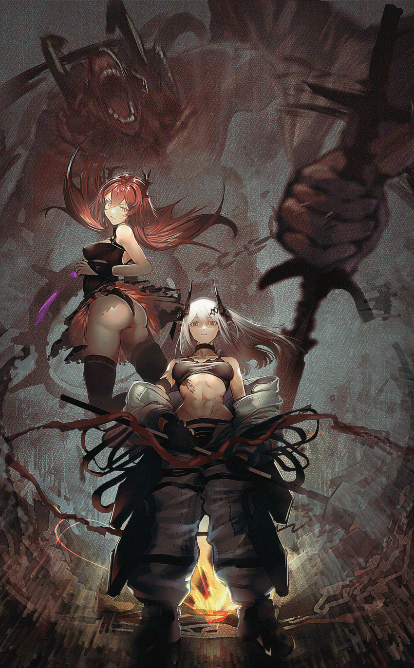 2girls, abs, arknights, ass, demon, demon_girl, demon_horns, hammer