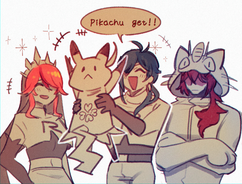 2boys, 2girls, :d, alternate_costume, black_hair, carrying, carrying_person, commentary, cosplay, diluc_(genshin_impact), enpitsu01, eyepatch, fingerless_gloves, gen_1_pokemon, genshin_impact, gloves, holding, james_(pokemon), james_(pokemon)_(cosplay), jessie_(pokemon), jessie_(pokemon)_(cosplay), kaeya_(genshin_impact), klee_(genshin_impact), long_hair, meowth, meowth_(cosplay), midriff, multiple_boys, multiple_girls, navel, nintendo, nun, nun_headdress, open_mouth, pikachu, pikachu_(cosplay), pokemon, pokemon_(anime), red_hair, rosaria_(genshin_impact), smile, team_rocket